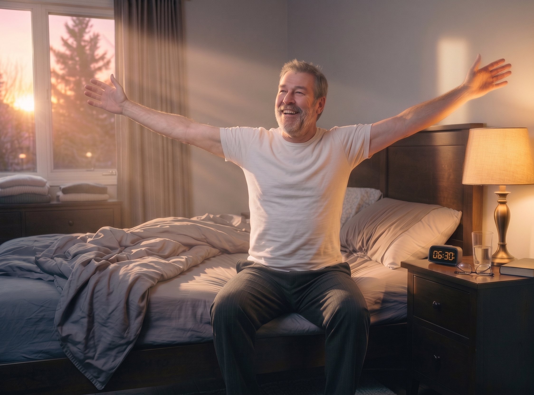 Man waking up energized at 6:30 AM