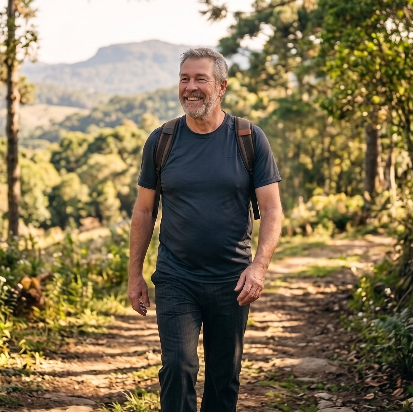 Man hiking with energy and vitality after 90 days