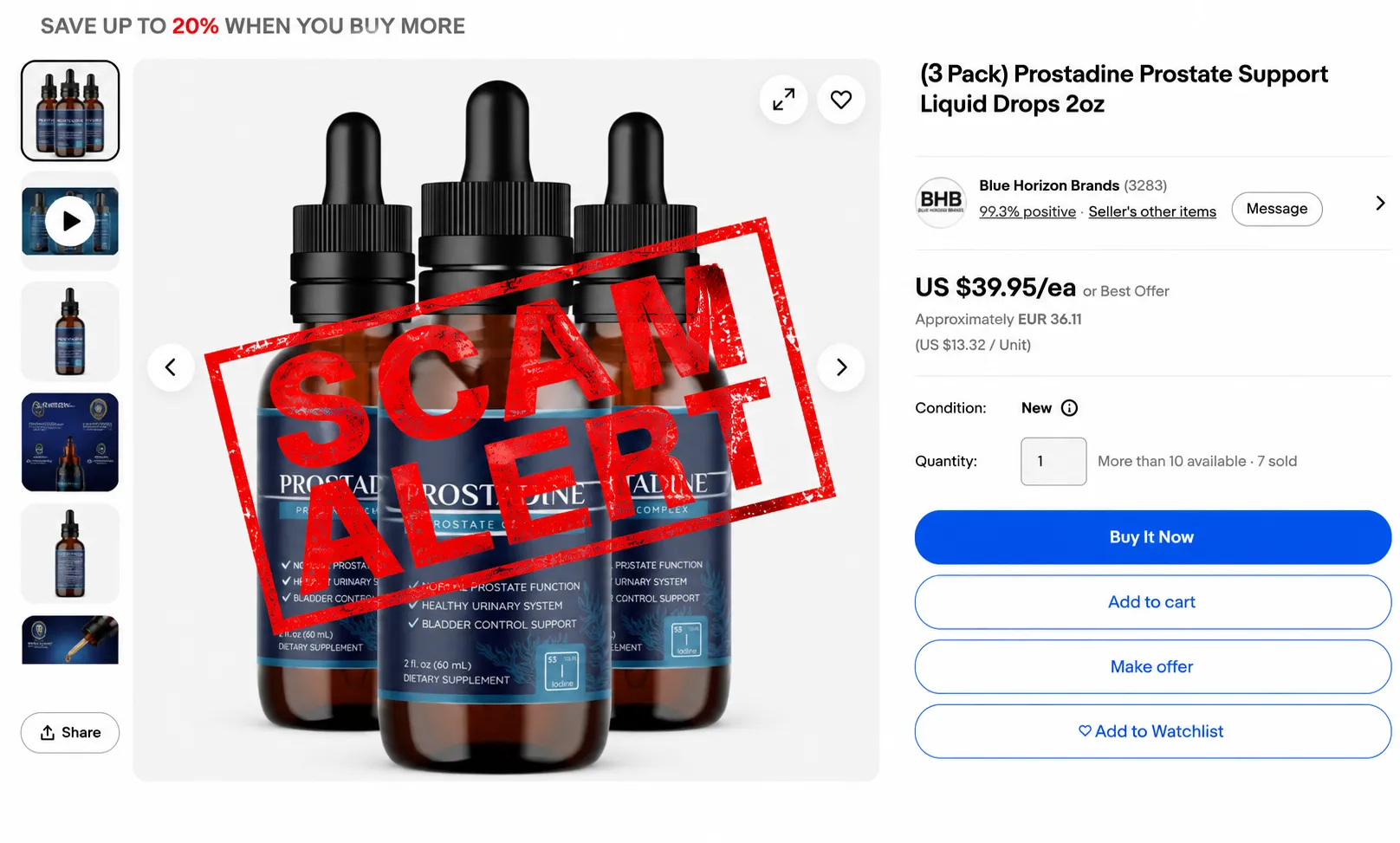 Scam alert warning showing fake Prostadine listings found on eBay Amazon and Walmart marketplaces