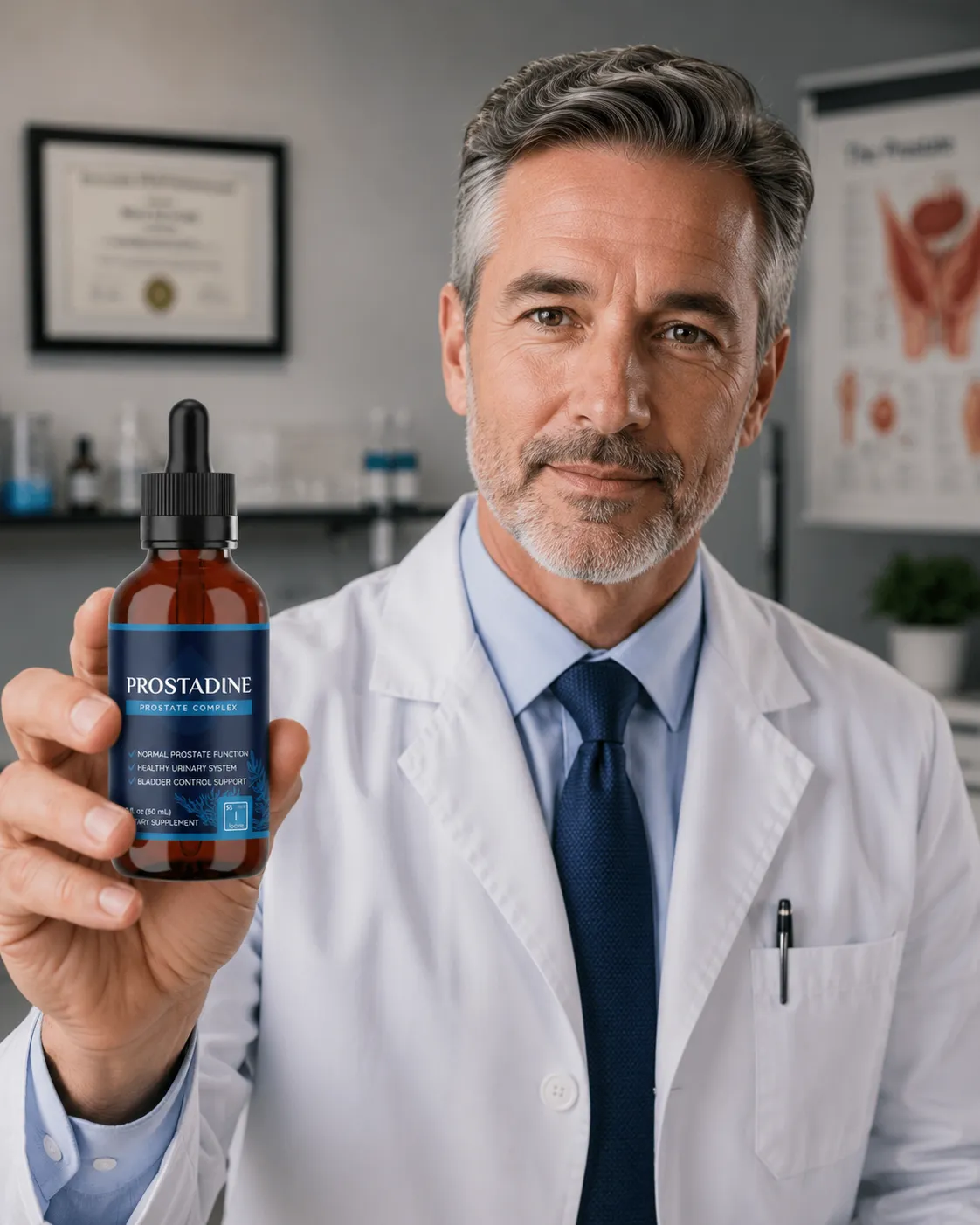 Healthcare professional holding Prostadine prostate complex bottle explaining how the formula supports urinary health
