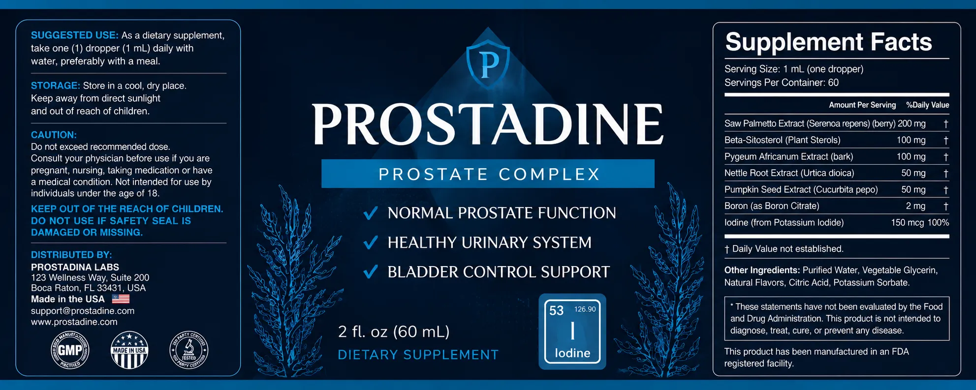 Prostadine supplement facts label with full ingredient list dosage and nutritional information per serving